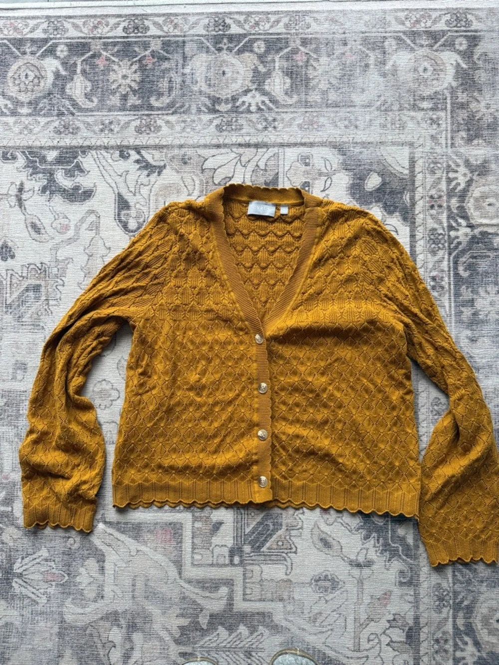 Mustard Knit Button-Front Scalloped Cardigan - Women - Picture 2 of 3